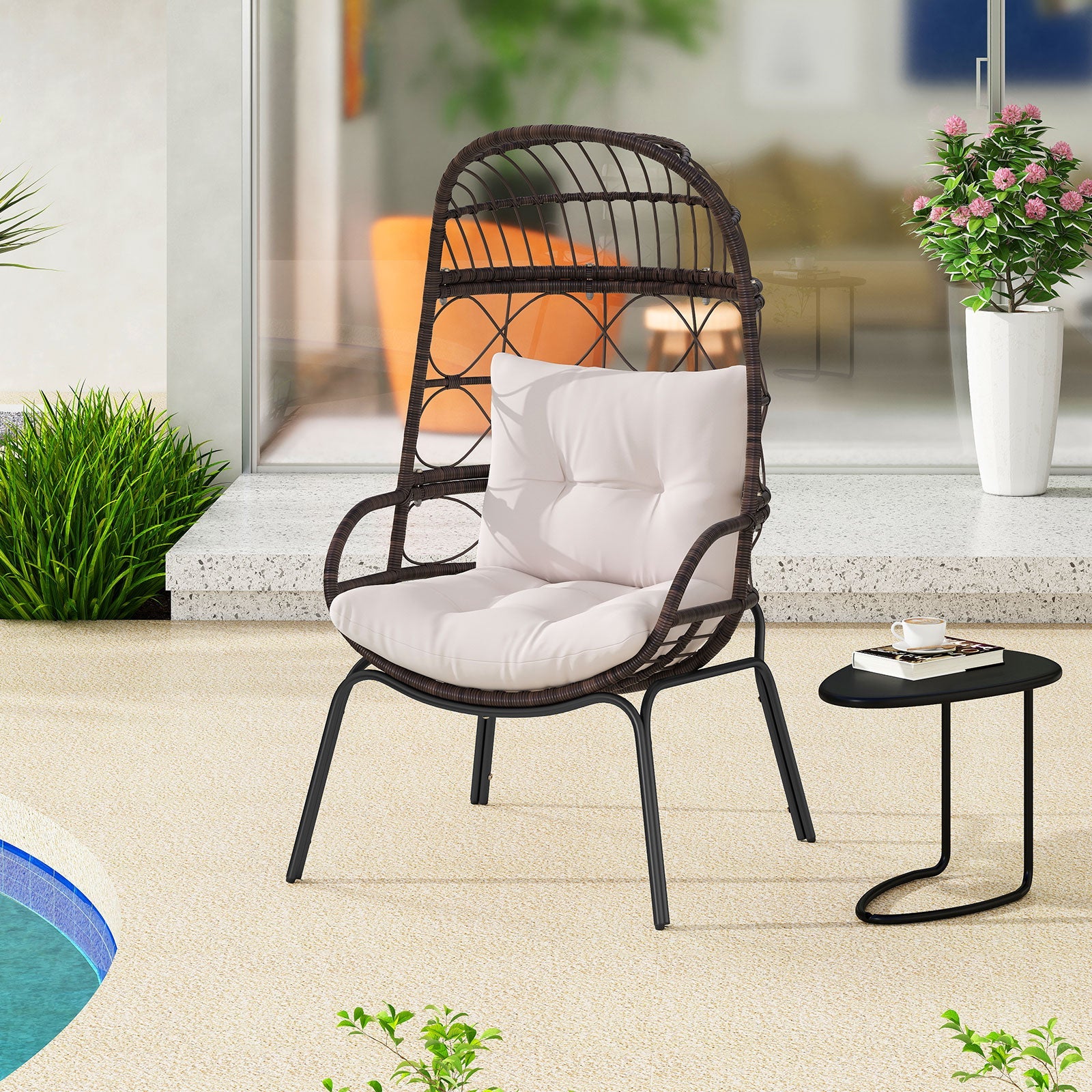 Patio Wicker Egg Chair Outdoor Rattan Lounge Basket with Seat and Back Cushions