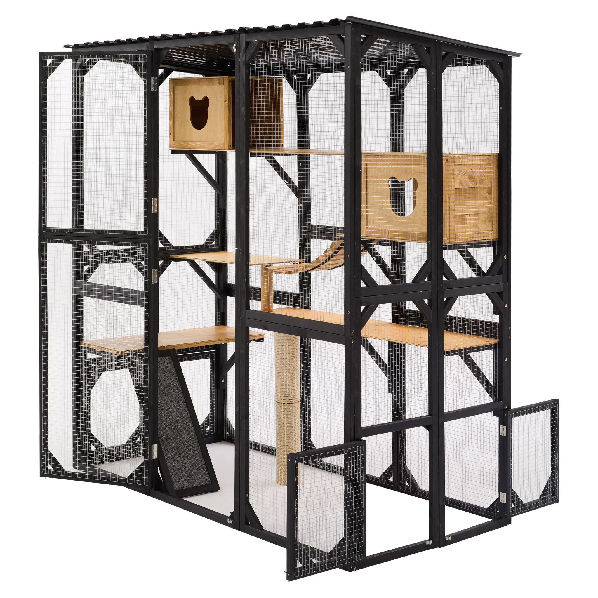 Outdoor Cat Enclosure With Sleeping Houses, Jumping Platforms, & Scratching Post