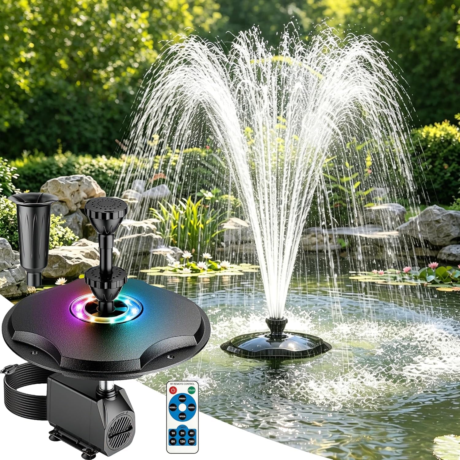 Floating Pond Fountain with Remote Control RGB LED Lights, 40W 660GPH Water Pump with 3 Spray Modes, Floating Fountain 27FT Cord & 65.6FT Mooring Line for Garden Ponds, Outdoor Water Features