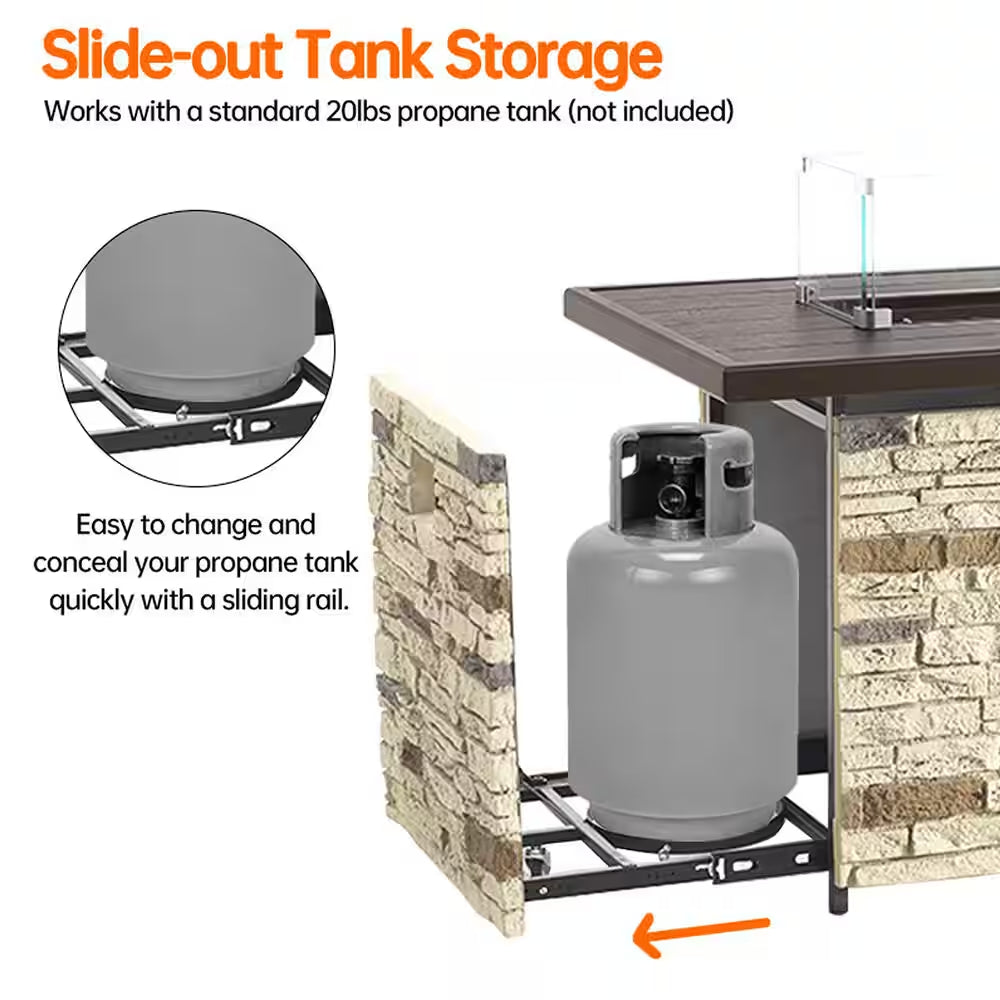 43 In. Propane Fire Pit Table Outdoor Stone Firepit Table Rectangular 50000 BTU Propane Fire Tables-Buff