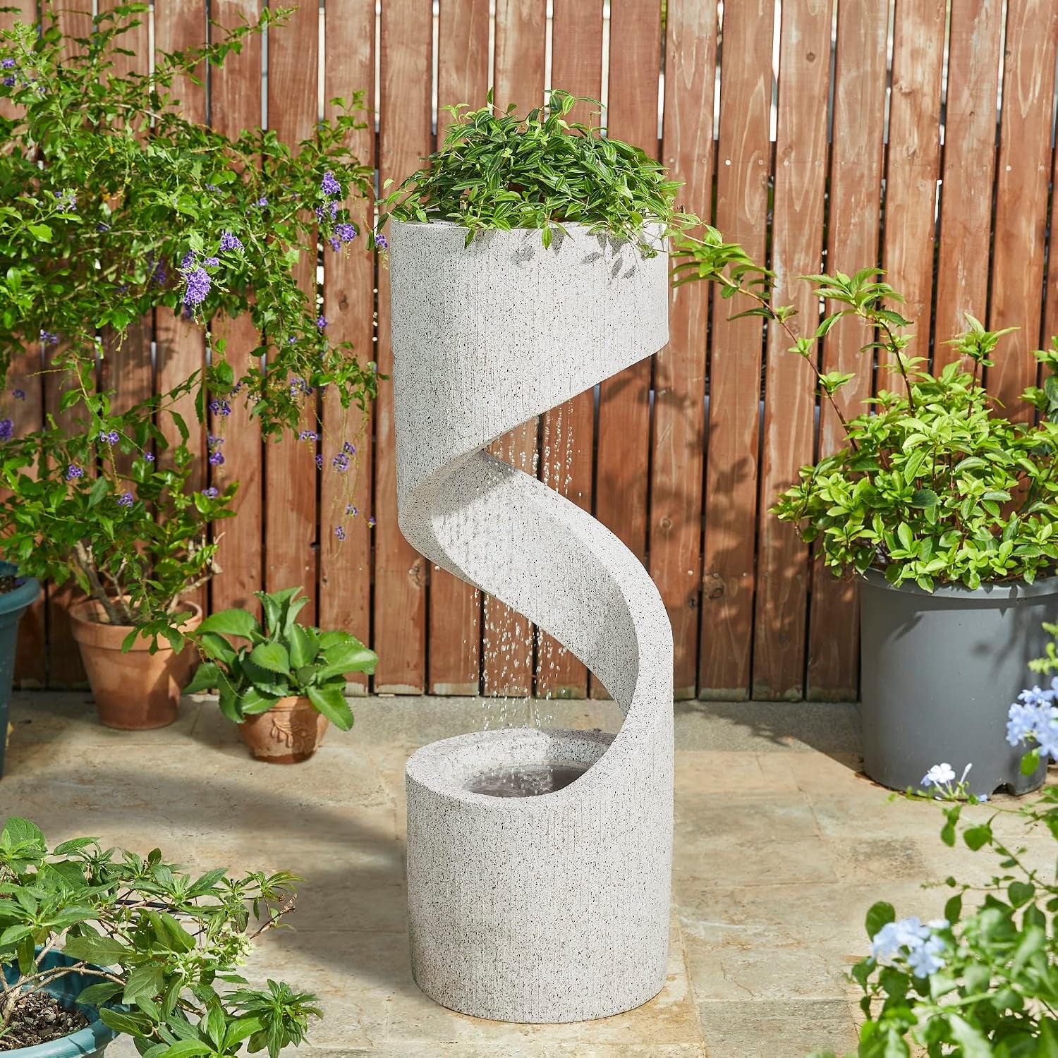 Outdoor Water Fountain with LED Light, Modren Curved Waterfall Fountain with Stone Planter, Faux Terrazzo Spiral Shaped Outdoor Fountains Water Feature for Garden Patio Deck Porch, 40.25â€H