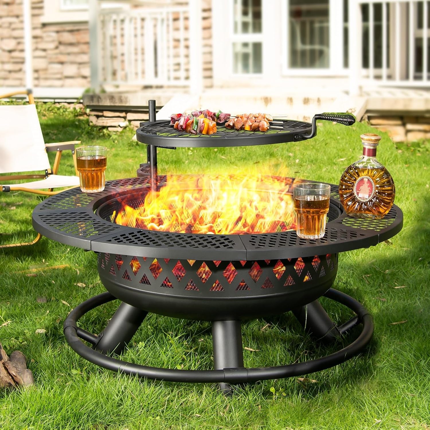 36 Inch Fire Pit with Grill,Wood Burning Fire Pits for outside with Lid& Fire Poker,Round Metal Firepit Table 3 in 1 with Cooking Grate,Outdoor Firepits for Yard Patio Bonfire Camping(Black)
