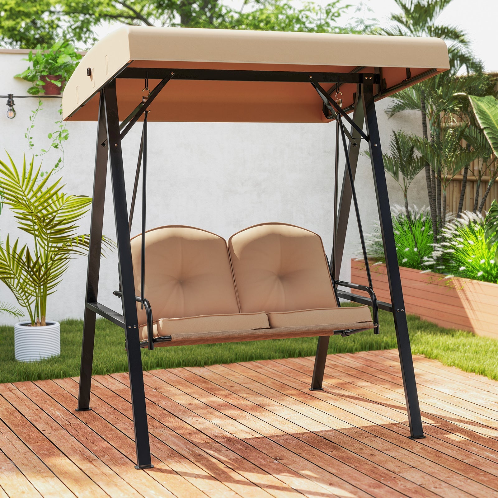2-Person Outdoor Porch Swing with A-Shaped Metal Stand and Adjustable Canopy
