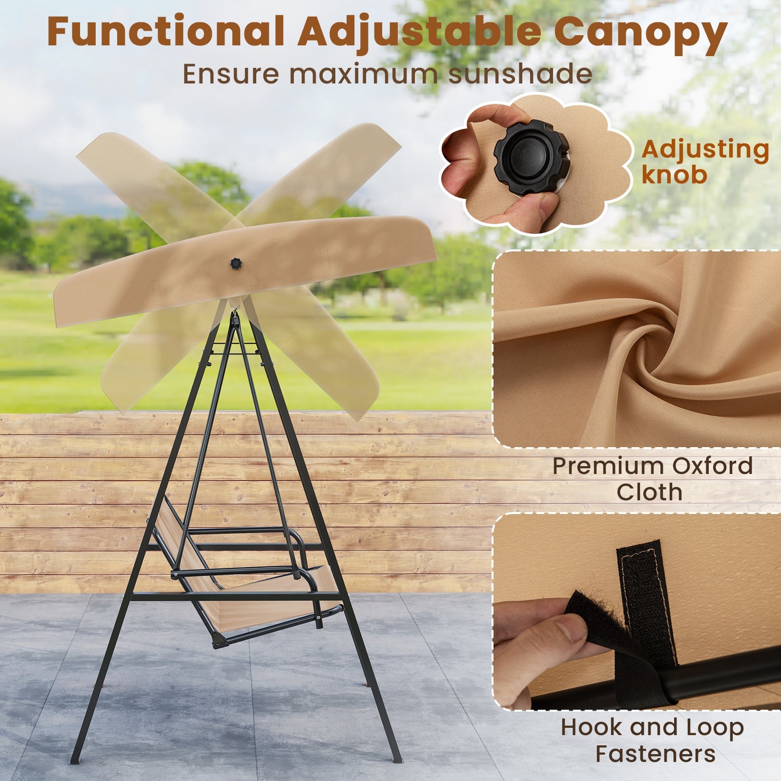 2-Person Outdoor Porch Swing with A-Shaped Metal Stand and Adjustable Canopy