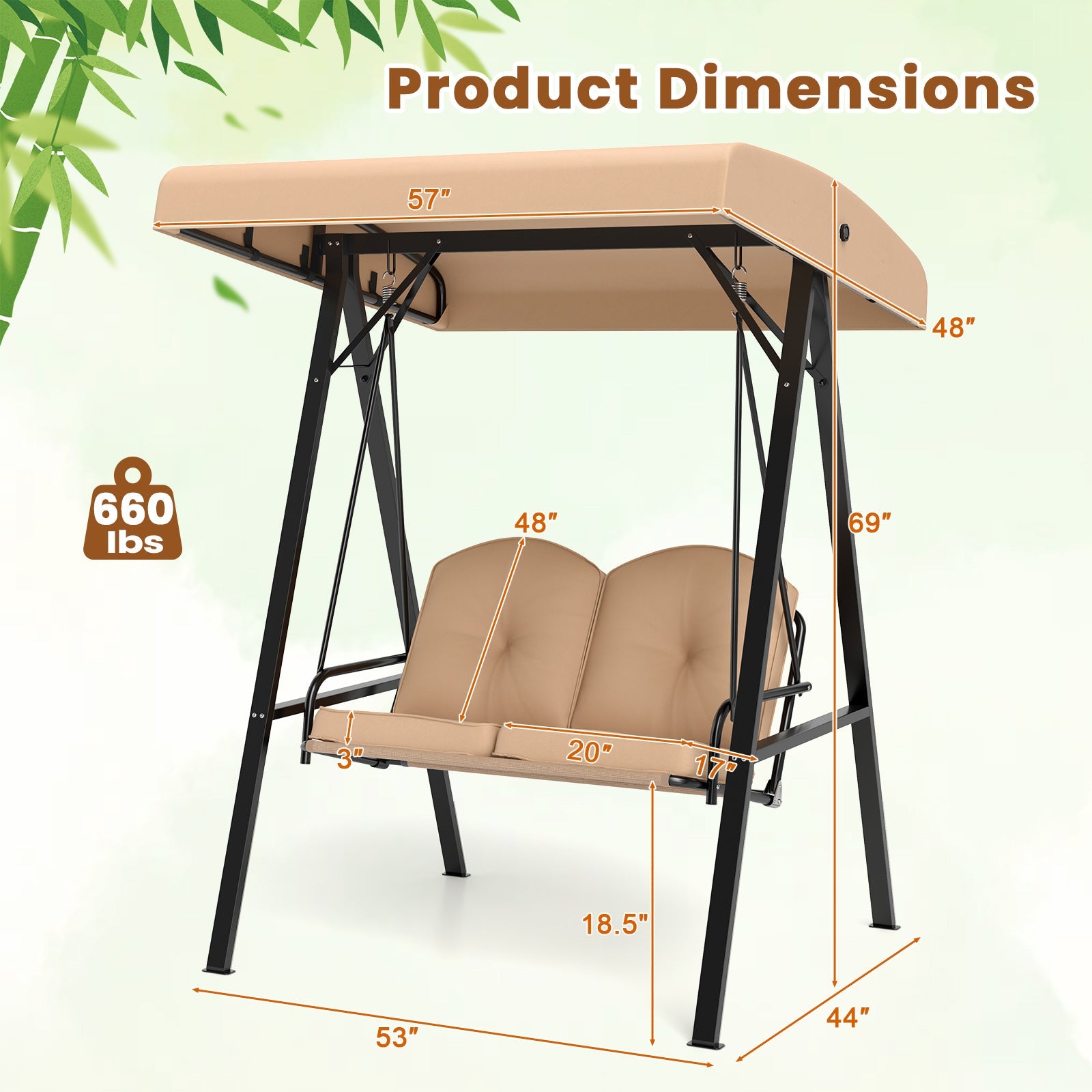 2-Person Outdoor Porch Swing with A-Shaped Metal Stand and Adjustable Canopy