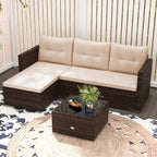 4 Seats Outdoor Wicker Furniture Set with Tempered Glass Coffee Table and Soft Cushions