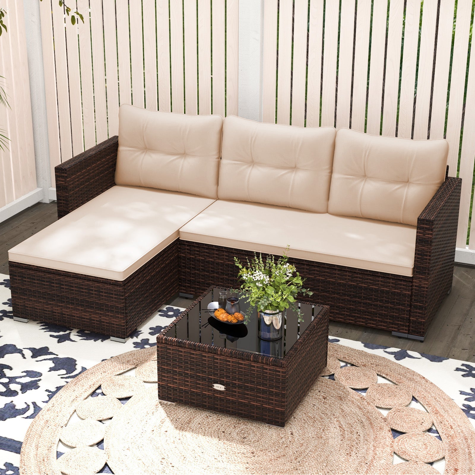 4 Seats Outdoor Wicker Furniture Set with Tempered Glass Coffee Table and Soft Cushions