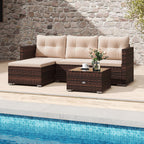 4 Seats Outdoor Wicker Furniture Set with Tempered Glass Coffee Table and Soft Cushions