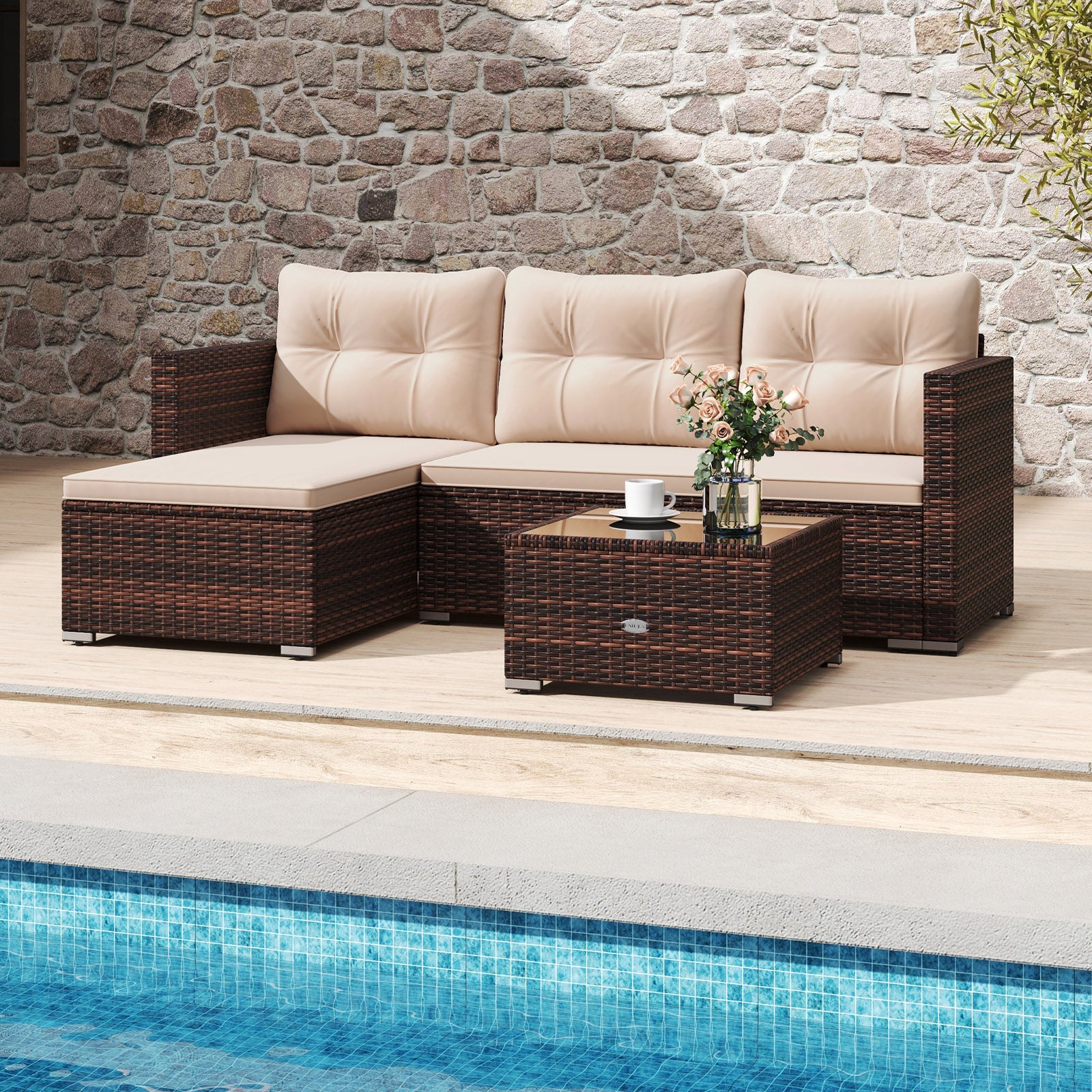 4 Seats Outdoor Wicker Furniture Set with Tempered Glass Coffee Table and Soft Cushions