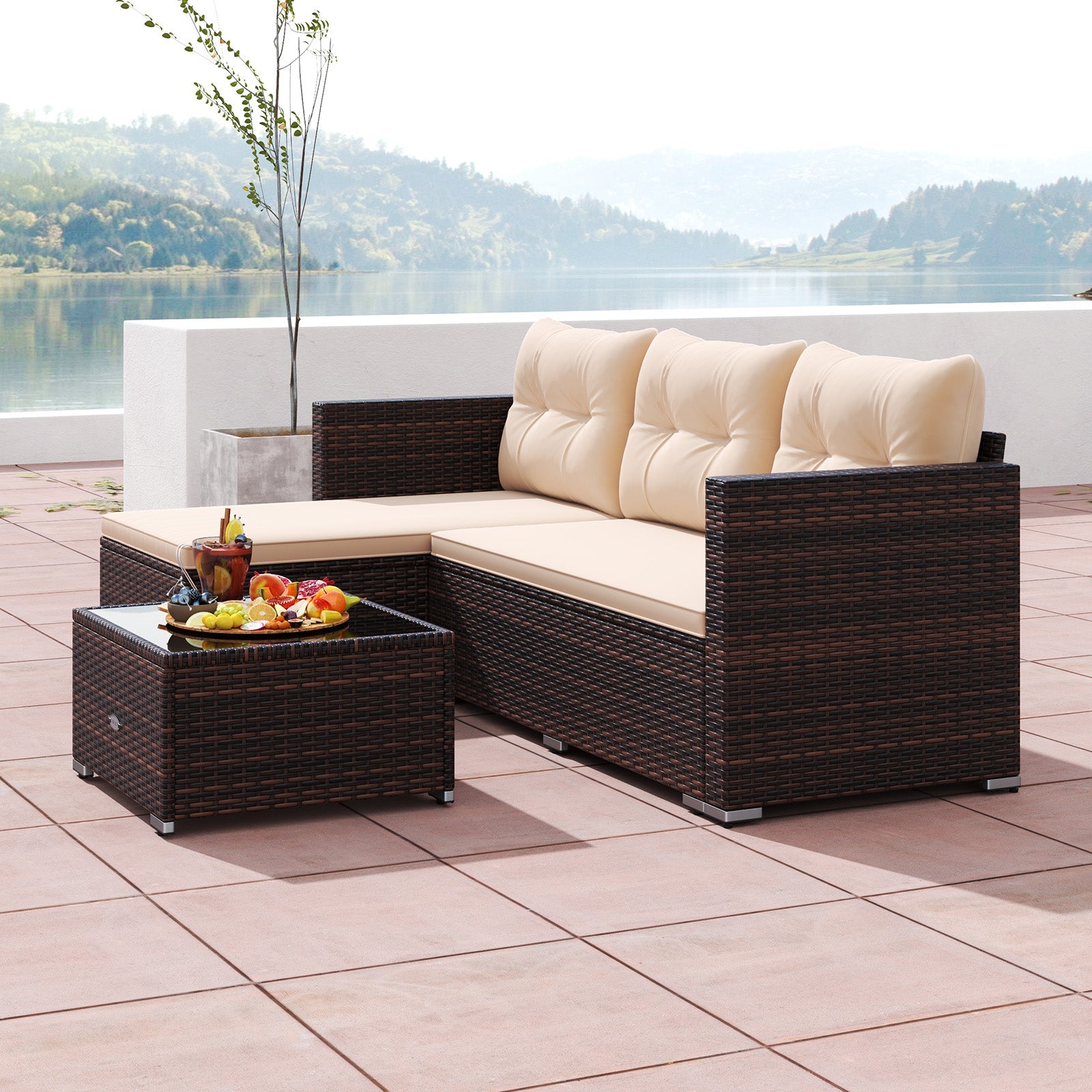 4 Seats Outdoor Wicker Furniture Set with Tempered Glass Coffee Table and Soft Cushions