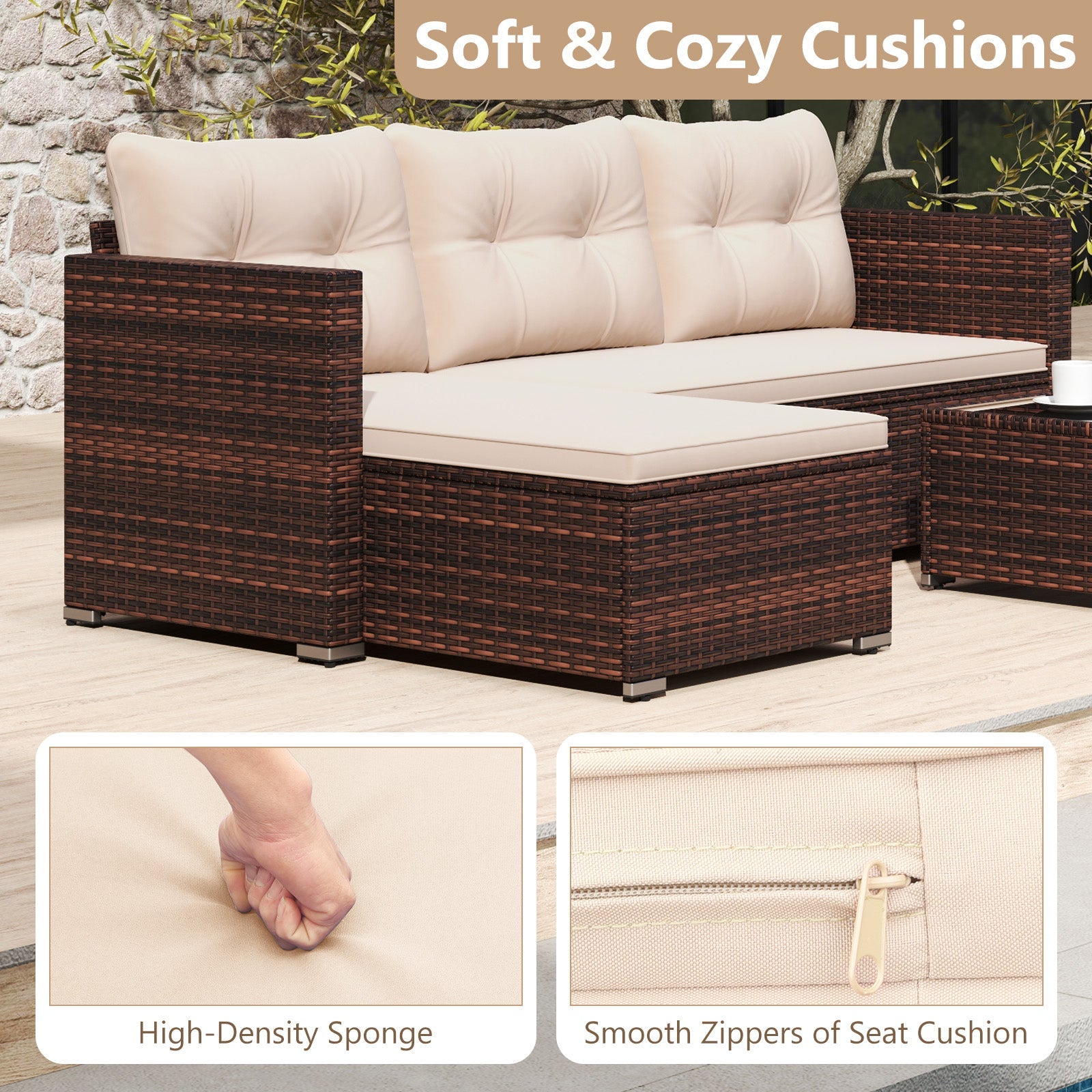 4 Seats Outdoor Wicker Furniture Set with Tempered Glass Coffee Table and Soft Cushions