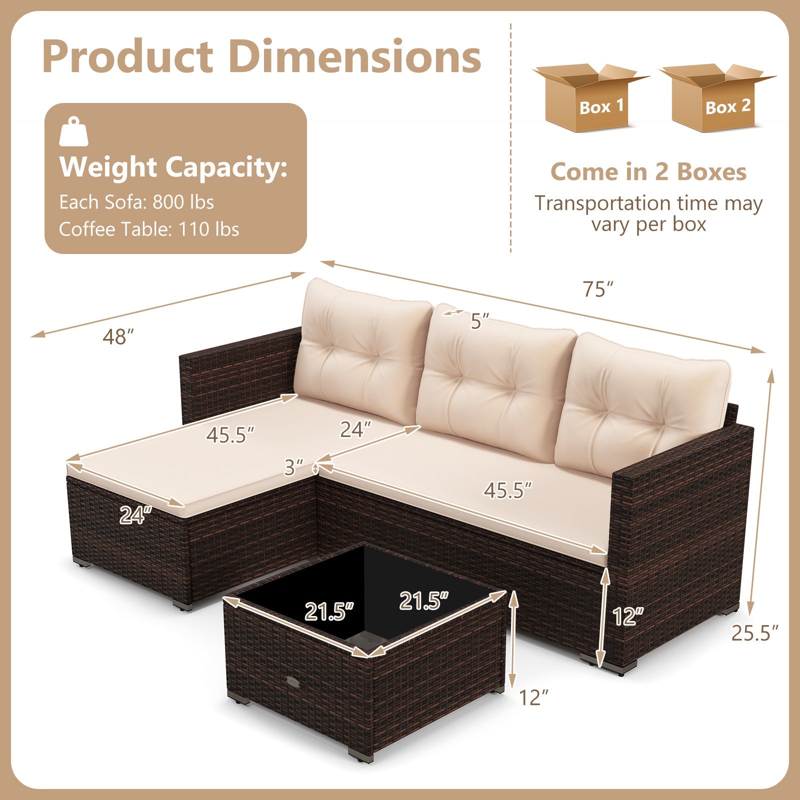 4 Seats Outdoor Wicker Furniture Set with Tempered Glass Coffee Table and Soft Cushions