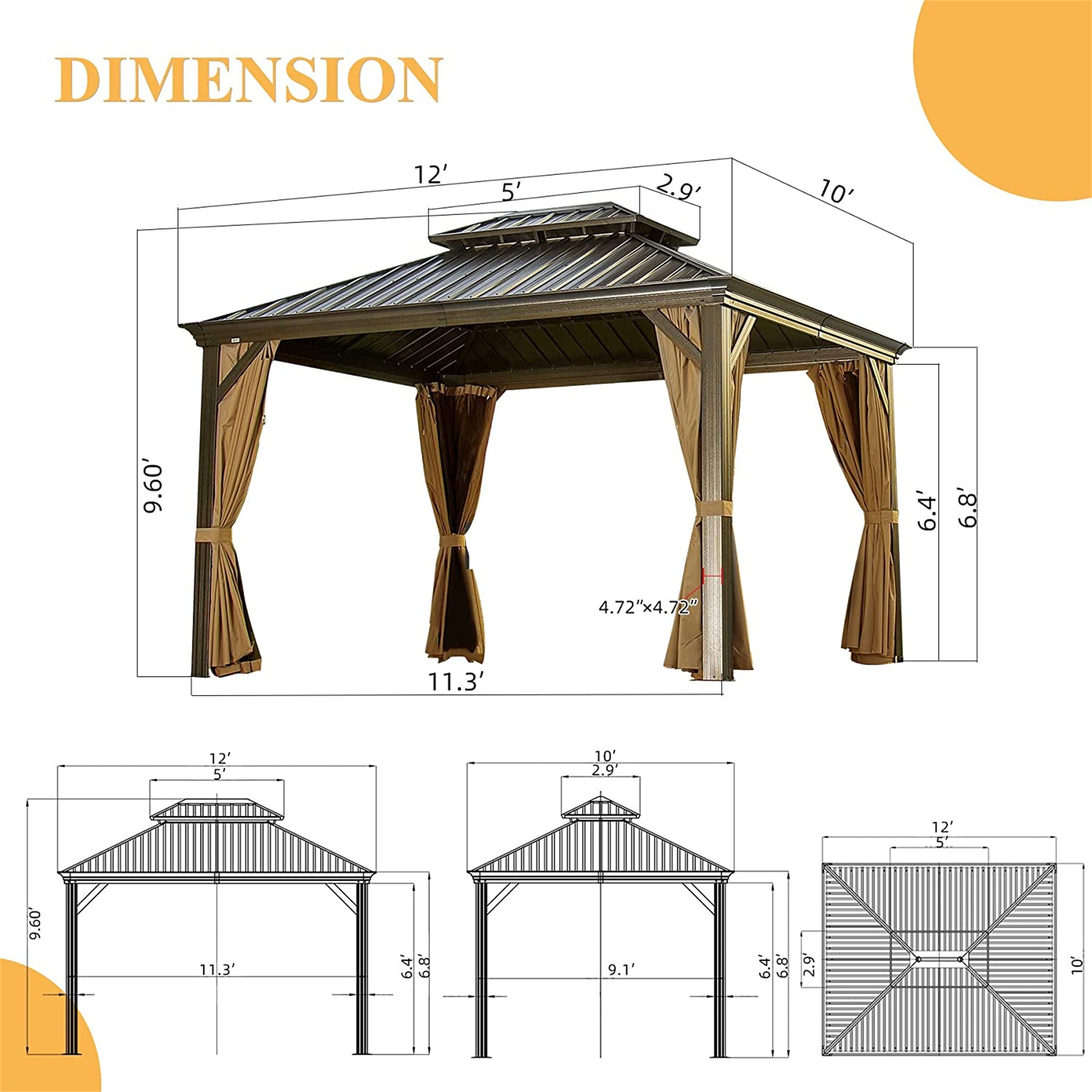 10' x 12' Hardtop Aluminum Gazebo with Double Canopy