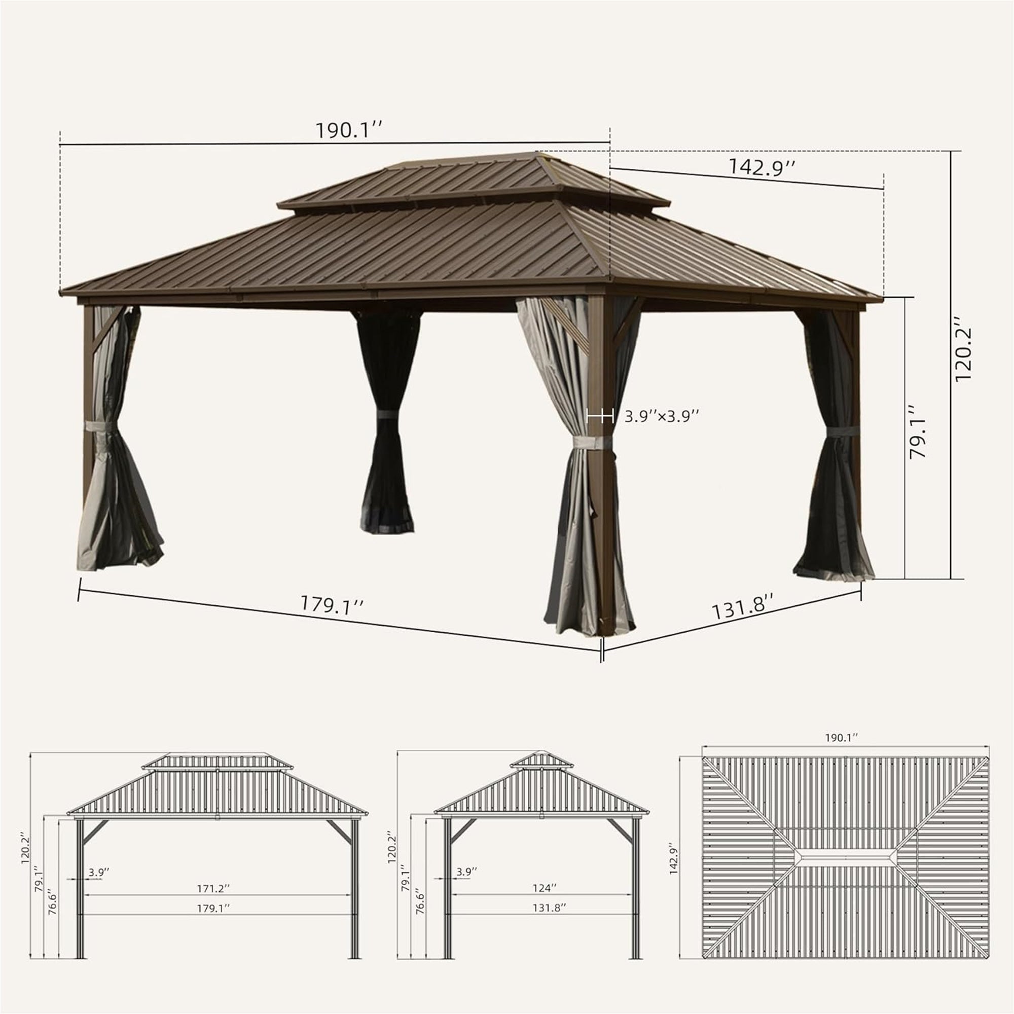 12' x 16' Hardtop Aluminum Gazebo with Double Roof Canopy