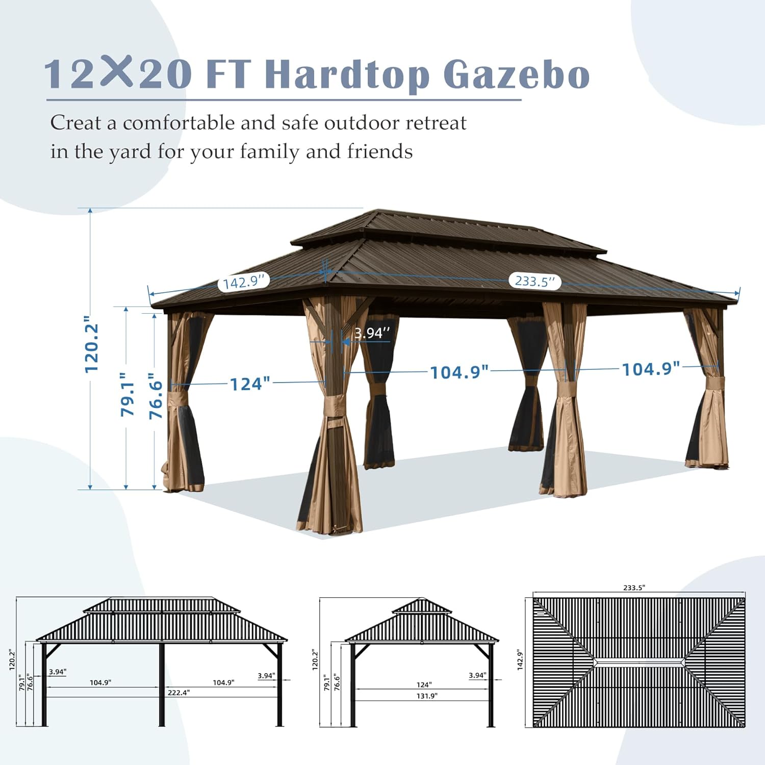 12' X 20' Hardtop Gazebo with Galvanized Steel Double Roof Canopy