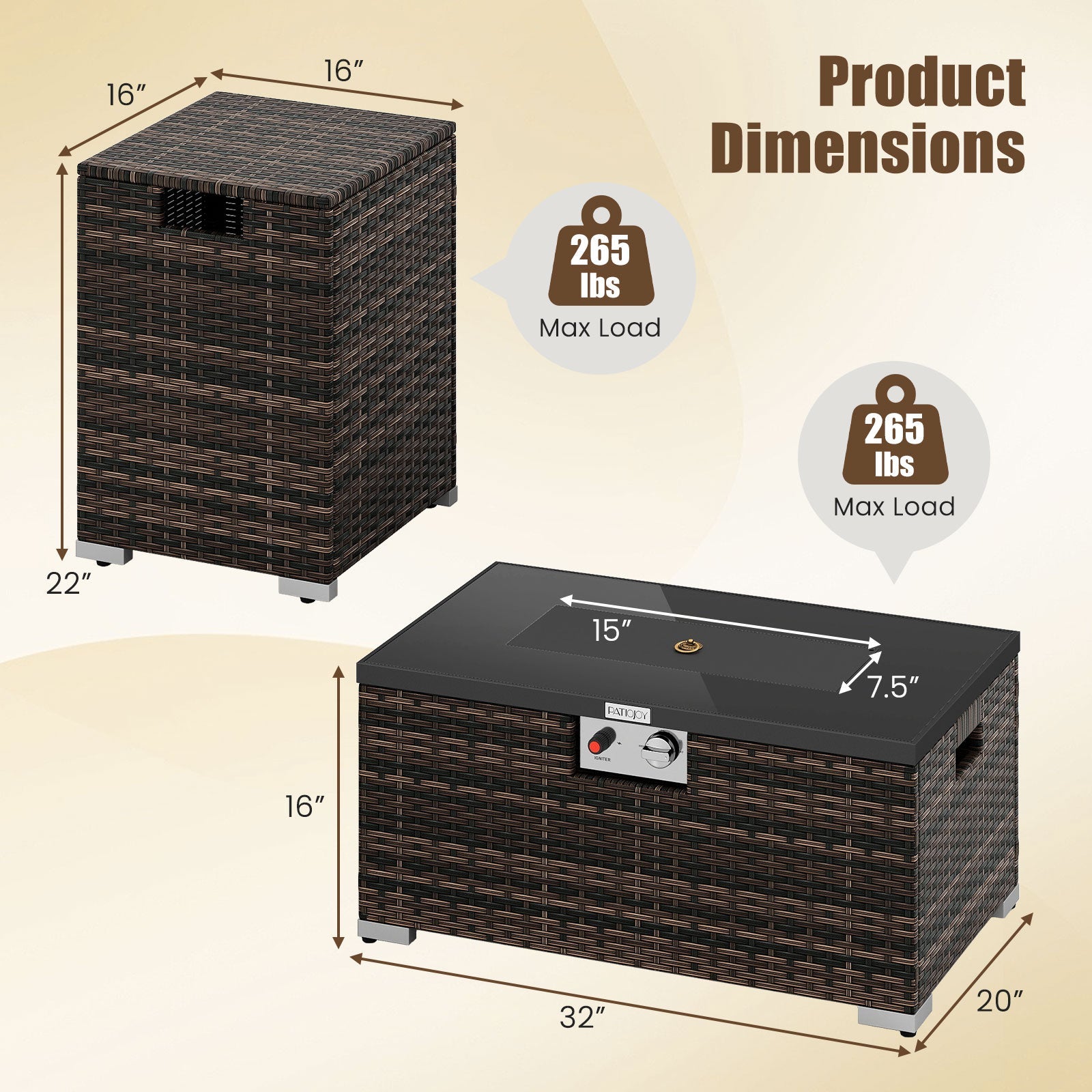 2-Piece Outdoor Rattan Fire Table Set - 32 Inch Rectangle Gas Firepit with Tank Cover - 3 colors