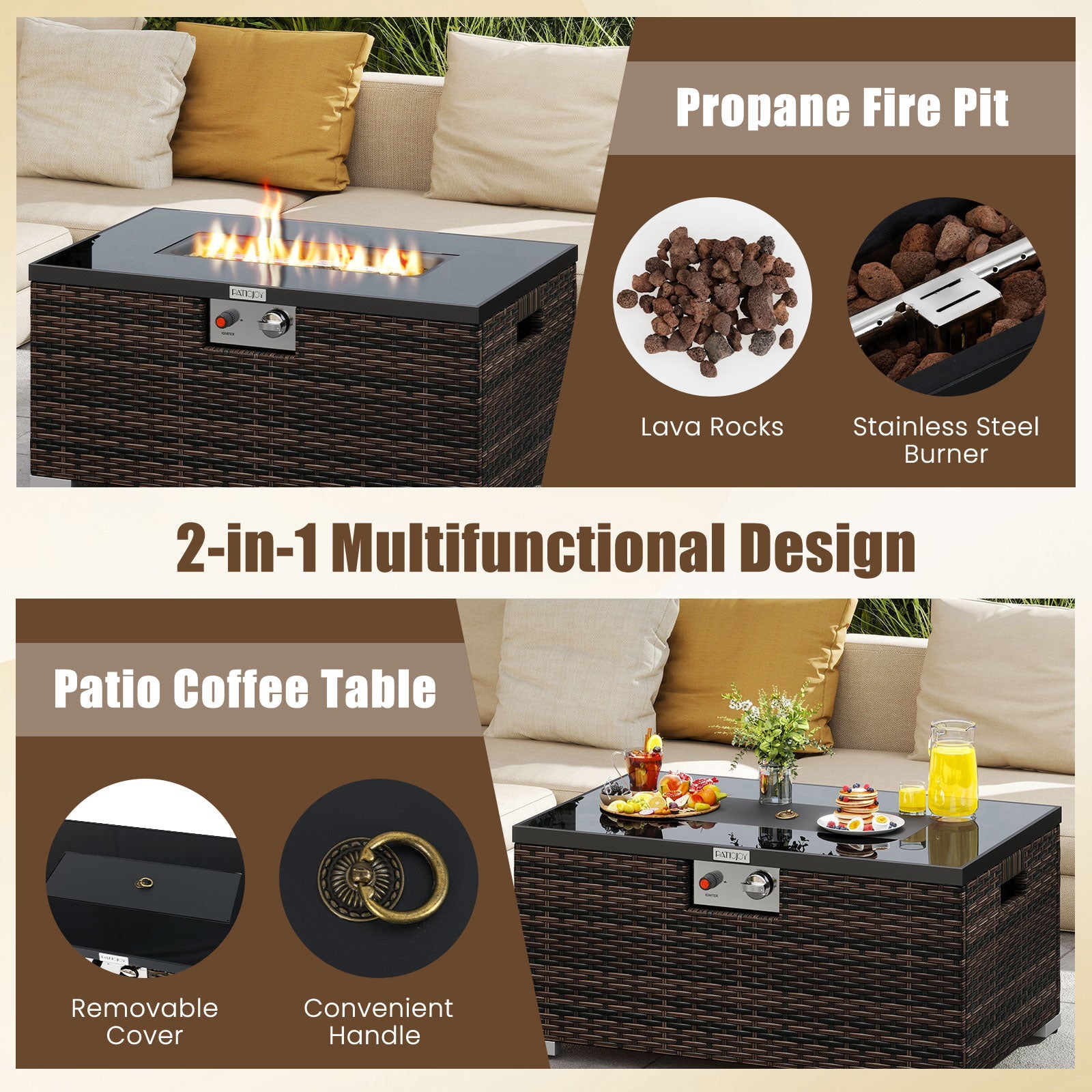 2-Piece Outdoor Rattan Fire Table Set - 32 Inch Rectangle Gas Firepit with Tank Cover - 3 colors