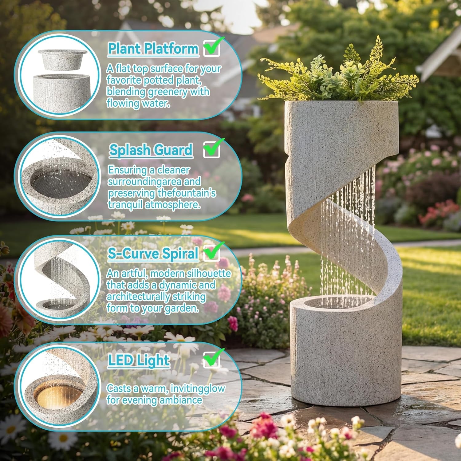 Outdoor Water Fountain with LED Light, Decorative Tiered Curved Waterfall Fountain with Stone Planter, Faux Terrazzo Spiral Shaped Outdoor Fountains for Garden Deck Patio Porch, 31.25â€H