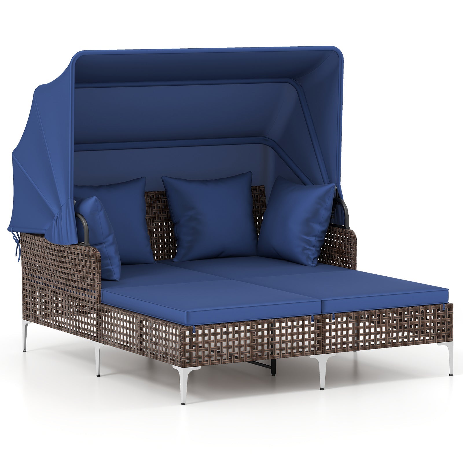 Outdoor Daybed with Retractable Canopy - Wicker Rattan Patio Lounger