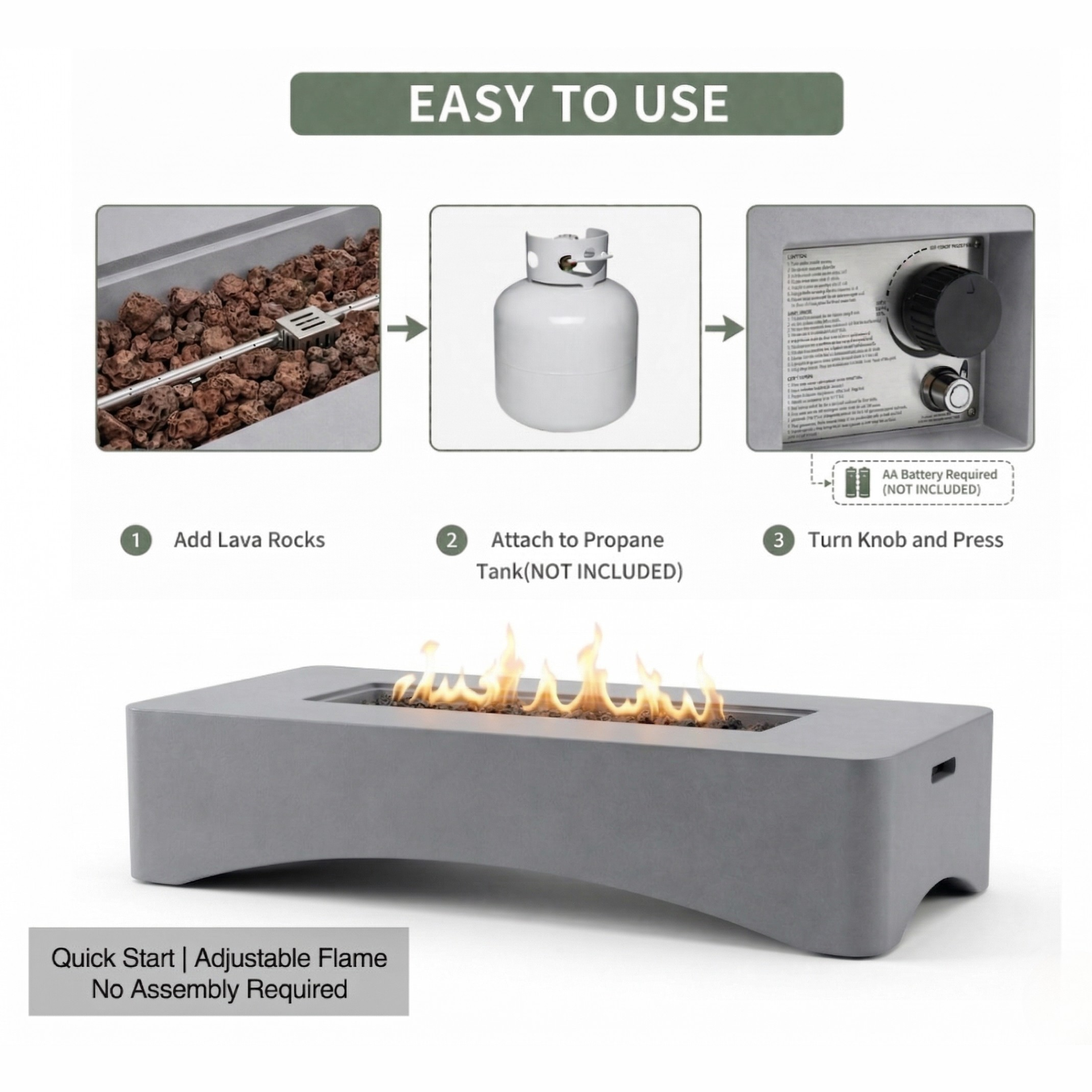 56' Propane Fire Pit Table - Rectangular Outdoor Gas Fire Pit - Light Gray