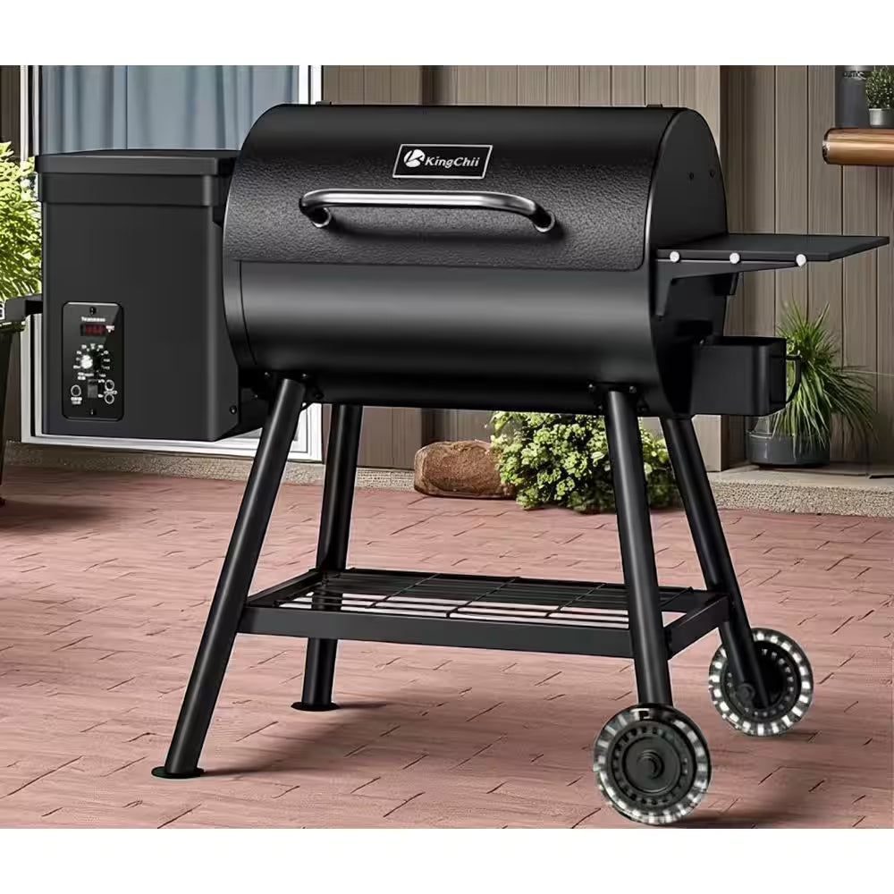 KingChii - 456 Sq. In. Wood Pellet Grill and Smoker BBQ with PID Auto Temperature Control in Black