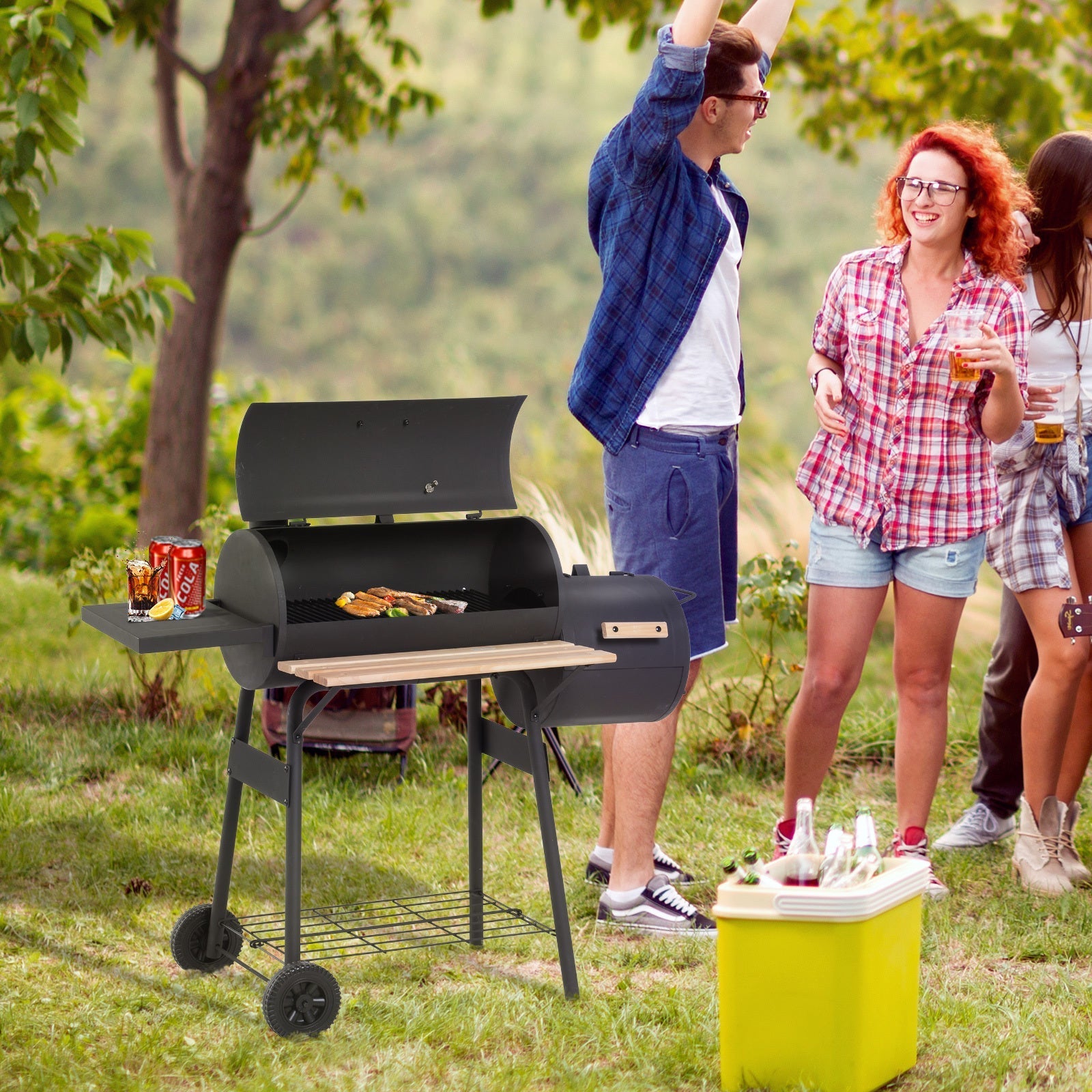 48" Steel Portable Backyard Charcoal BBQ Grill and Offset Smoker Combo