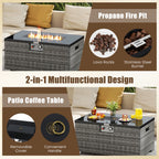 2-Piece Outdoor Rattan Fire Table Set - 32 Inch Rectangle Gas Firepit with Tank Cover - 3 colors