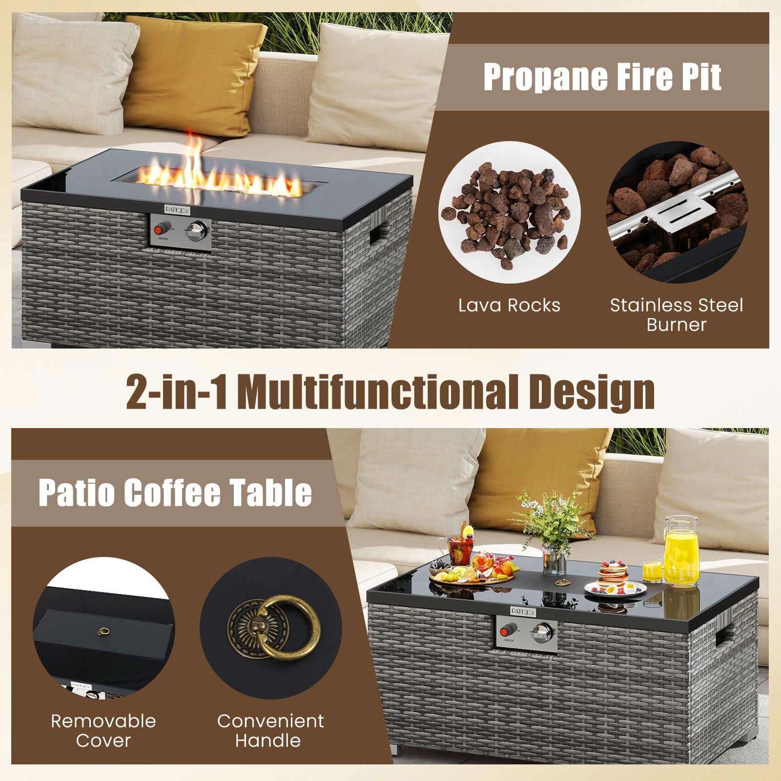 2-Piece Outdoor Rattan Fire Table Set - 32 Inch Rectangle Gas Firepit with Tank Cover - 3 colors