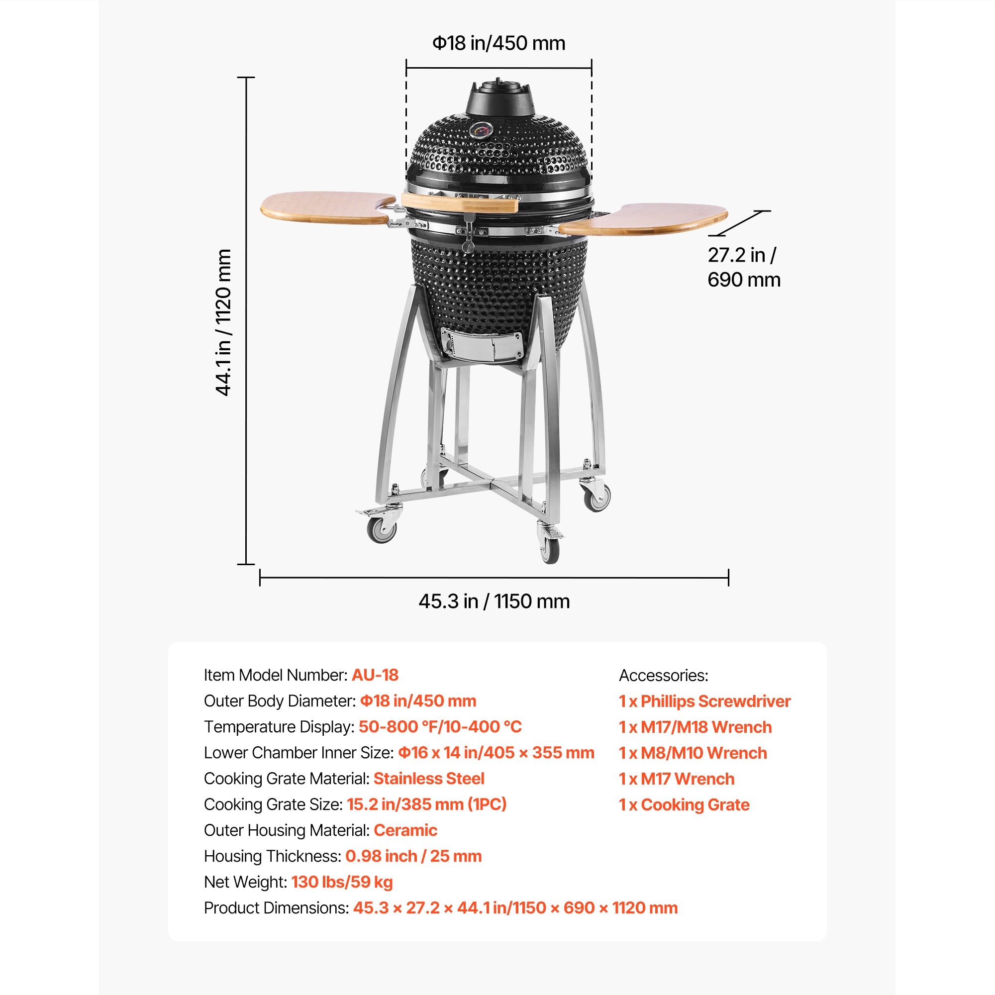 Kamado Charcoal Smoker and Grill, 18"