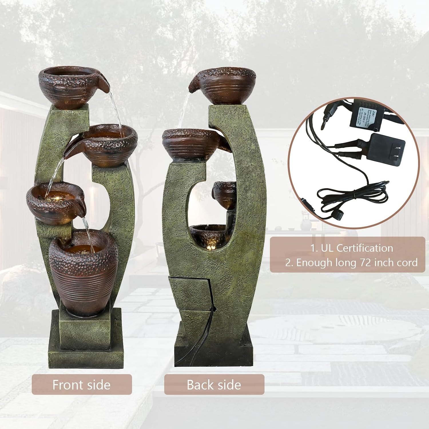 40" Tall Outdoor Water Fountain and Waterfalls - Large Garden Fountain with LED Lights, 4-Tier Crocks, Indoor and Outdoor Fountains for Garden, Patio, Deck, Porch, Backyard and Home, Gray
