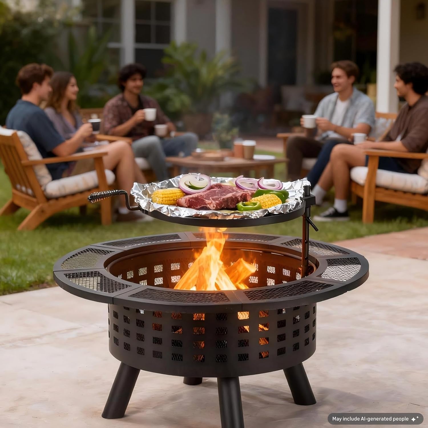 36 Inch Outdoor Fire Pit with Grill,Wood Burning Firepits for outside with Lid & Fire Poker,Metal 3-In-1 Fire Pit Table with Cooking Grate,Outdoor Fireplaces for Bonfire,Yard,Bbqï¼ˆJet Blackï¼‰