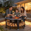 38" Outdoor Fire Pit Table with Grill & Firewood Rack, Wood Burning Fire Pit for Backyard Gatherings, Patio Heating & Outdoor Entertaining, BBQ with Pit Cover, Poker, BBQ Grate, round Fire Pit, Black