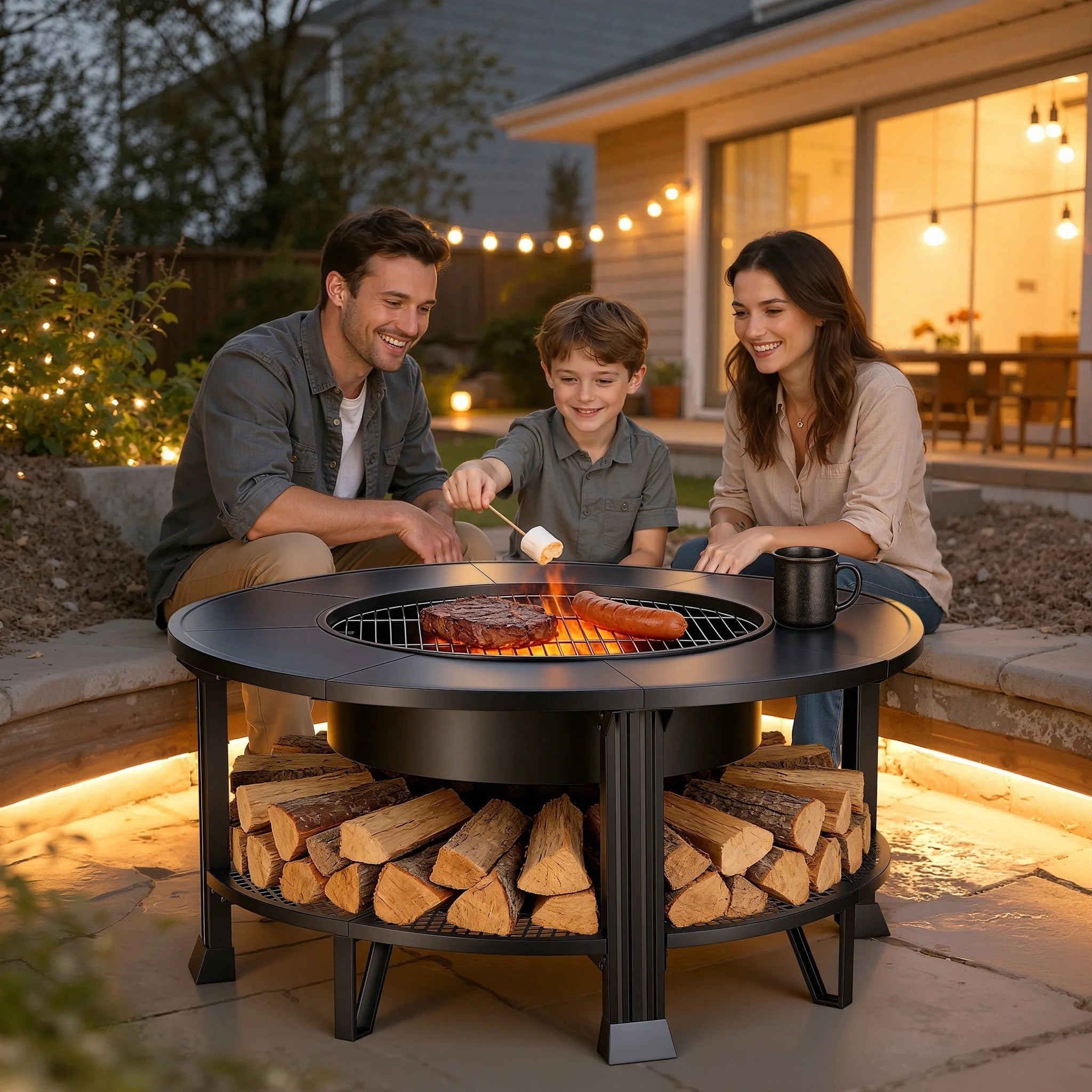38" Outdoor Fire Pit Table with Grill & Firewood Rack, Wood Burning Fire Pit for Backyard Gatherings, Patio Heating & Outdoor Entertaining, BBQ with Pit Cover, Poker, BBQ Grate, round Fire Pit, Black