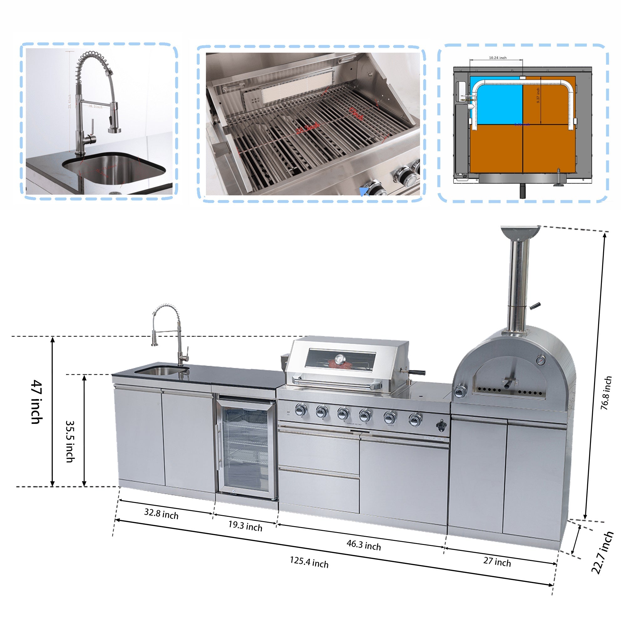 125" 10,8000 BTU 4-Burner Outdoor Kitchen Island Grill with Pizza Oven