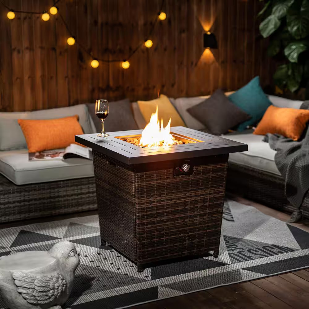 28 In. W X 25 In. H Rattan Square Propane Fire Pit Table in Black Brown