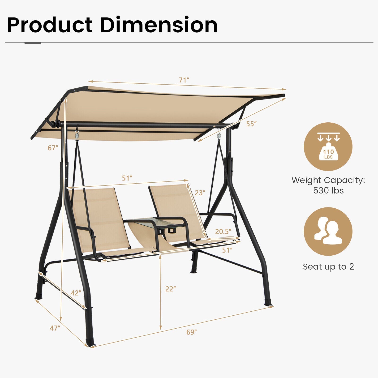 2-Seat Outdoor Cushioned Porch Swing with Adjustable Canopy and Tempered Glass Table