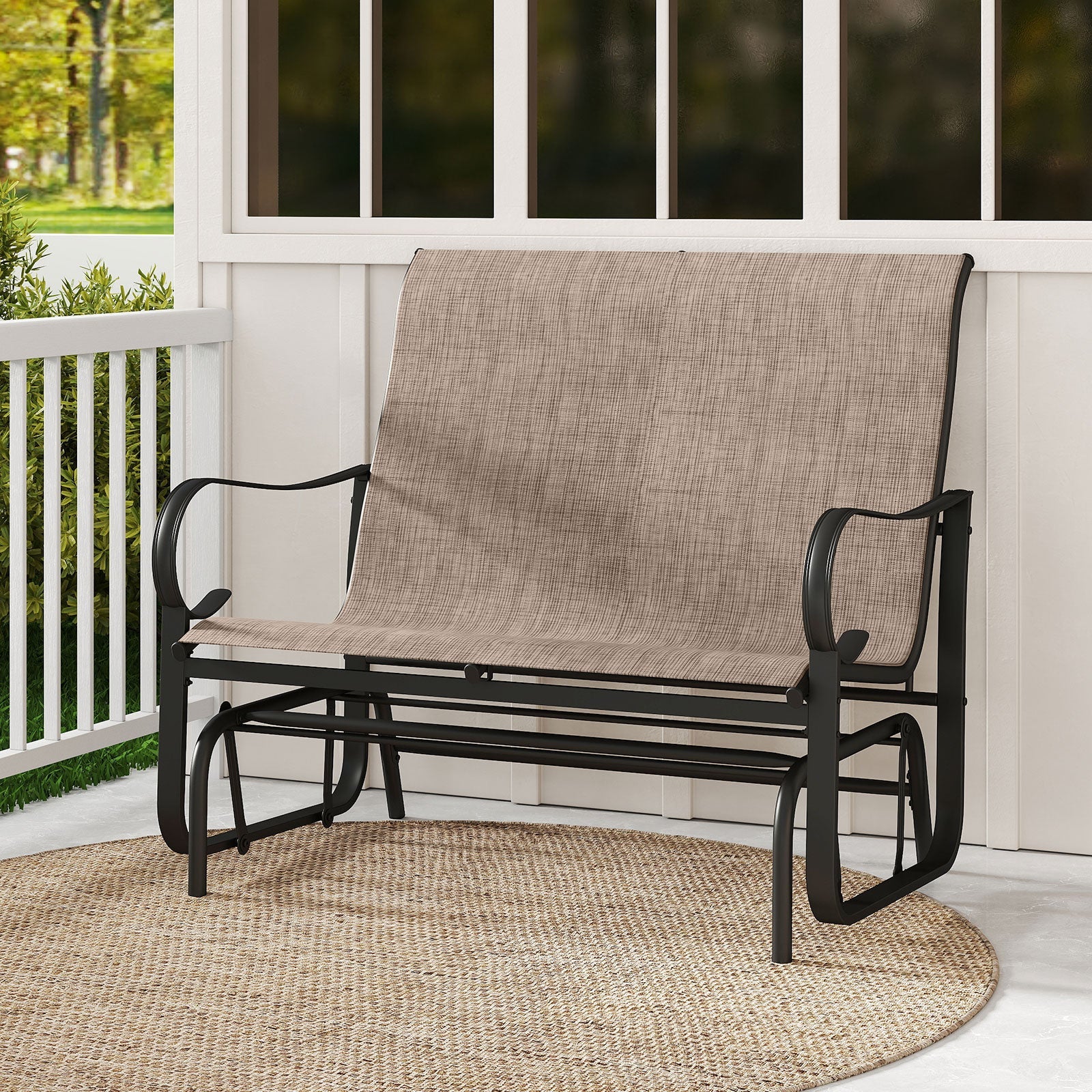 2-Person Outdoor Glider Bench with High Backrest-Brown