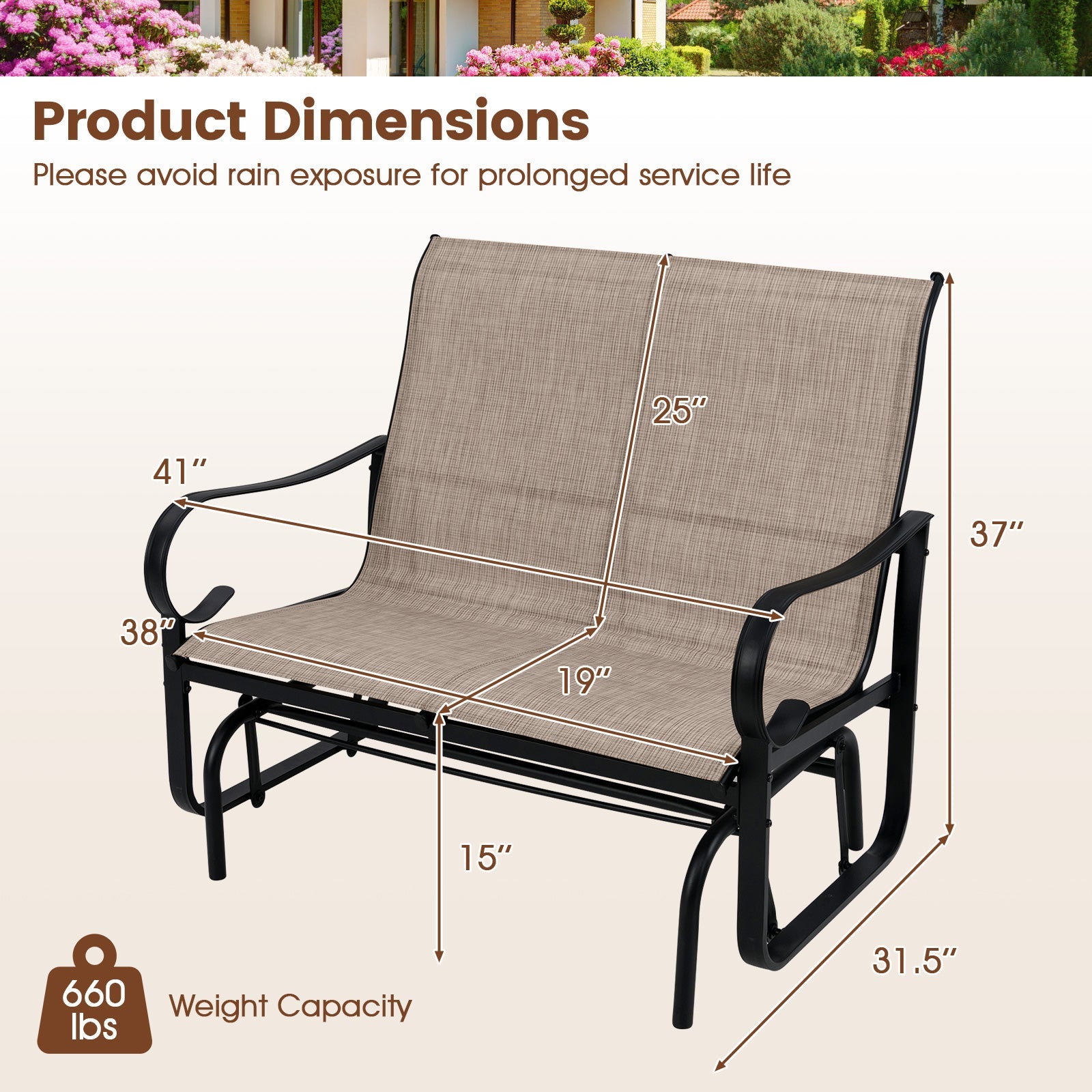 2-Person Outdoor Glider Bench with High Backrest-Brown