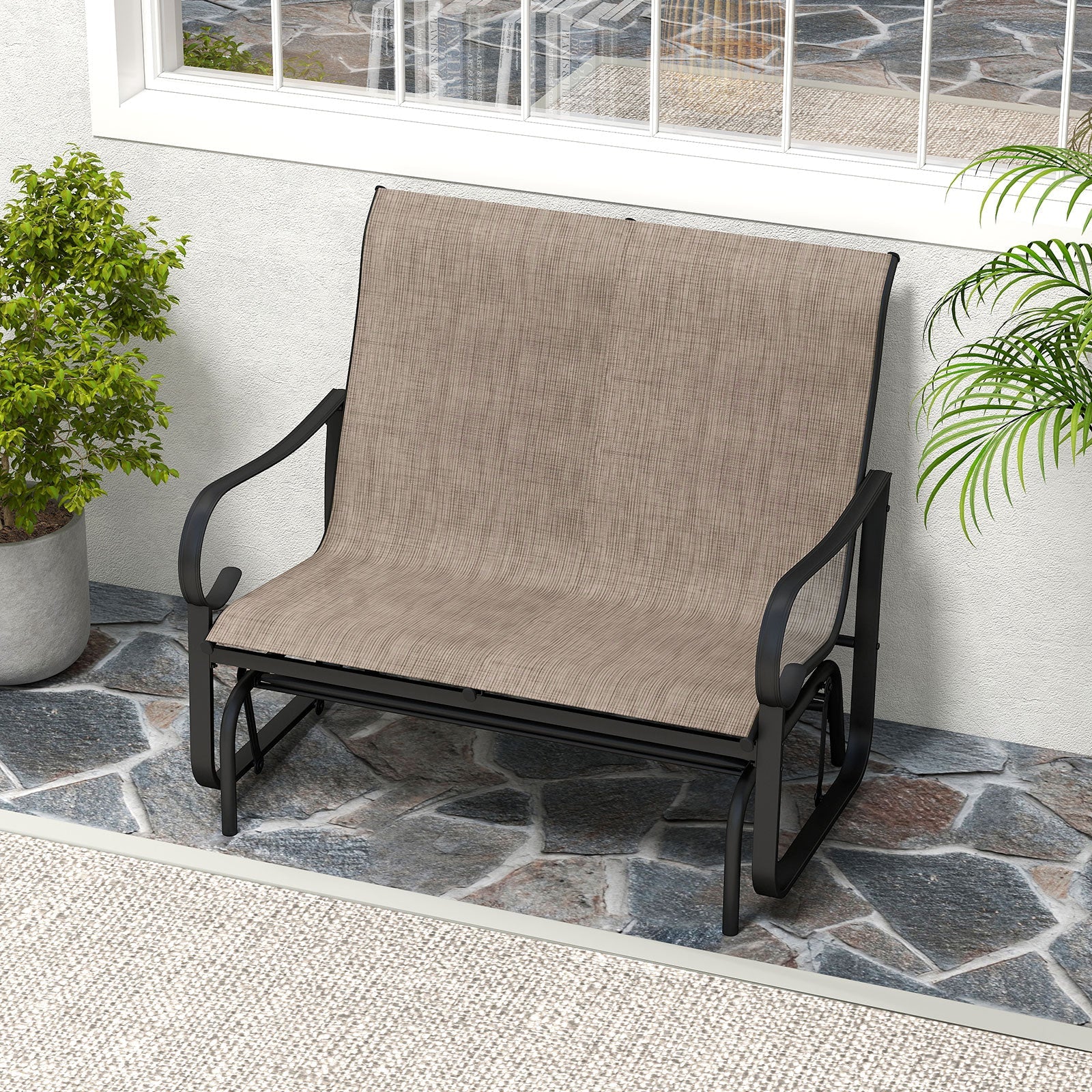 2-Person Outdoor Glider Bench with High Backrest-Brown