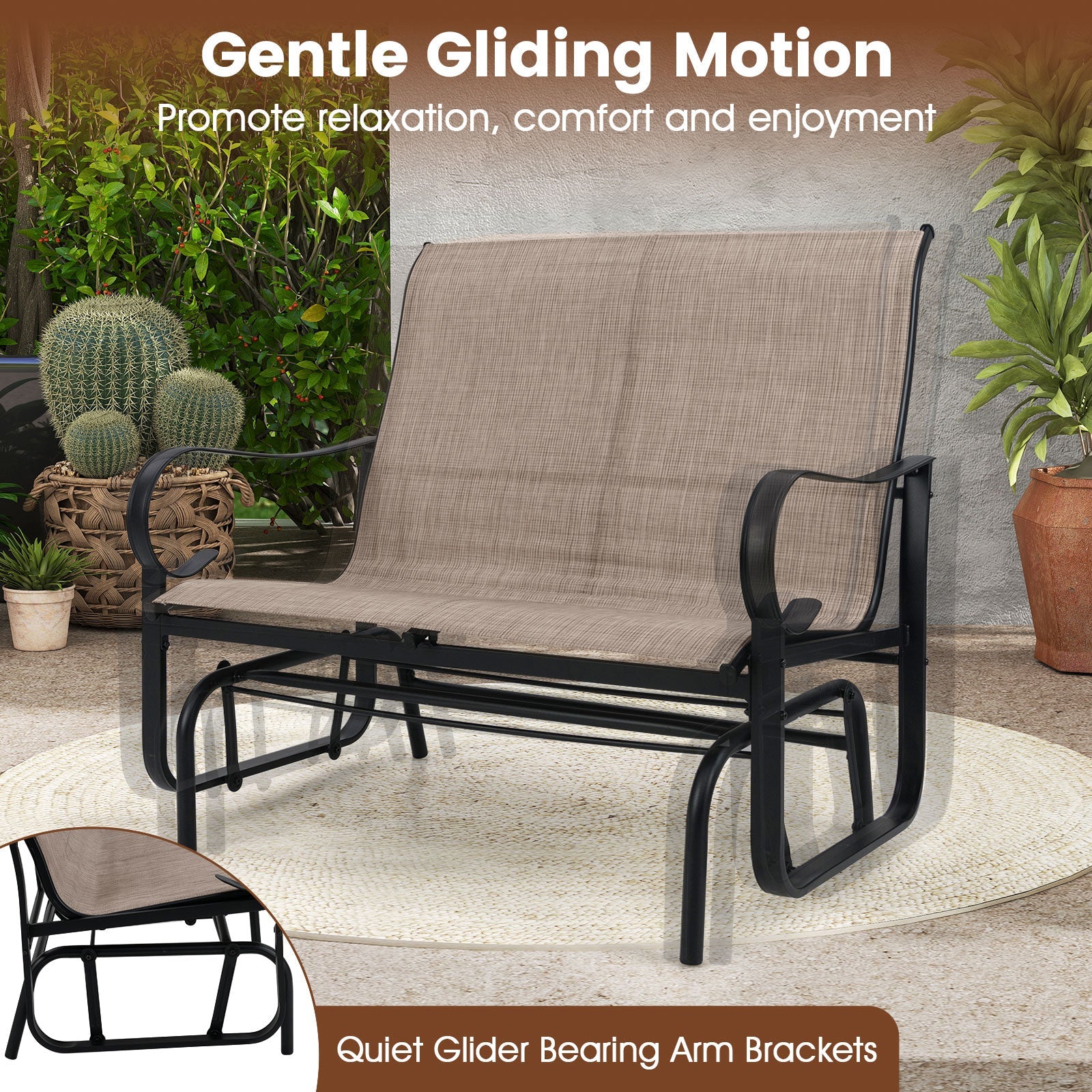 2-Person Outdoor Glider Bench with High Backrest-Brown
