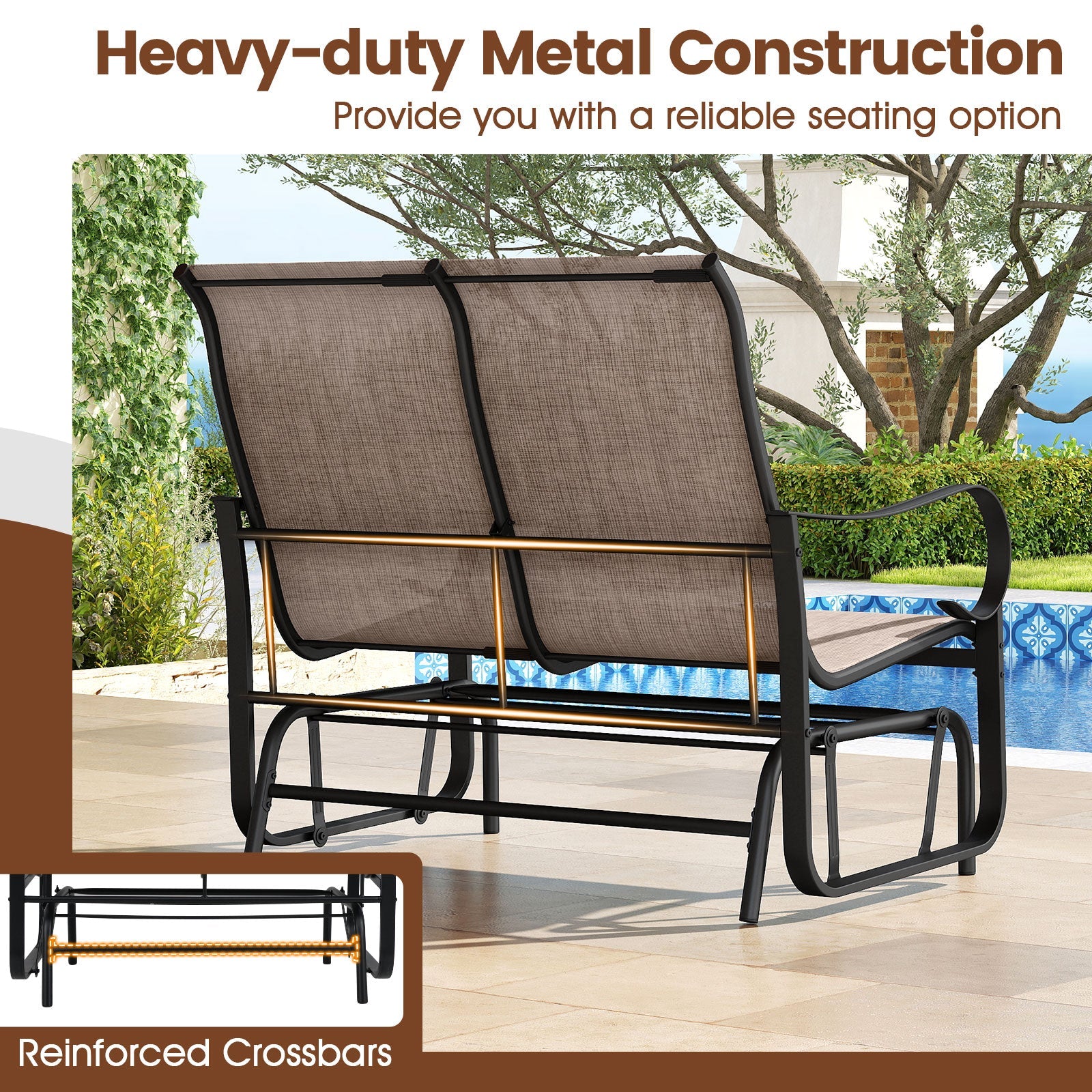 2-Person Outdoor Glider Bench with High Backrest-Brown