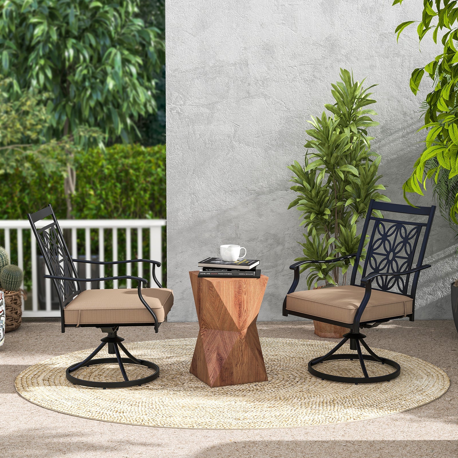Patio Swivel Chairs with Blossom Pattern Backrest and Cushions- 2 Pieces Black