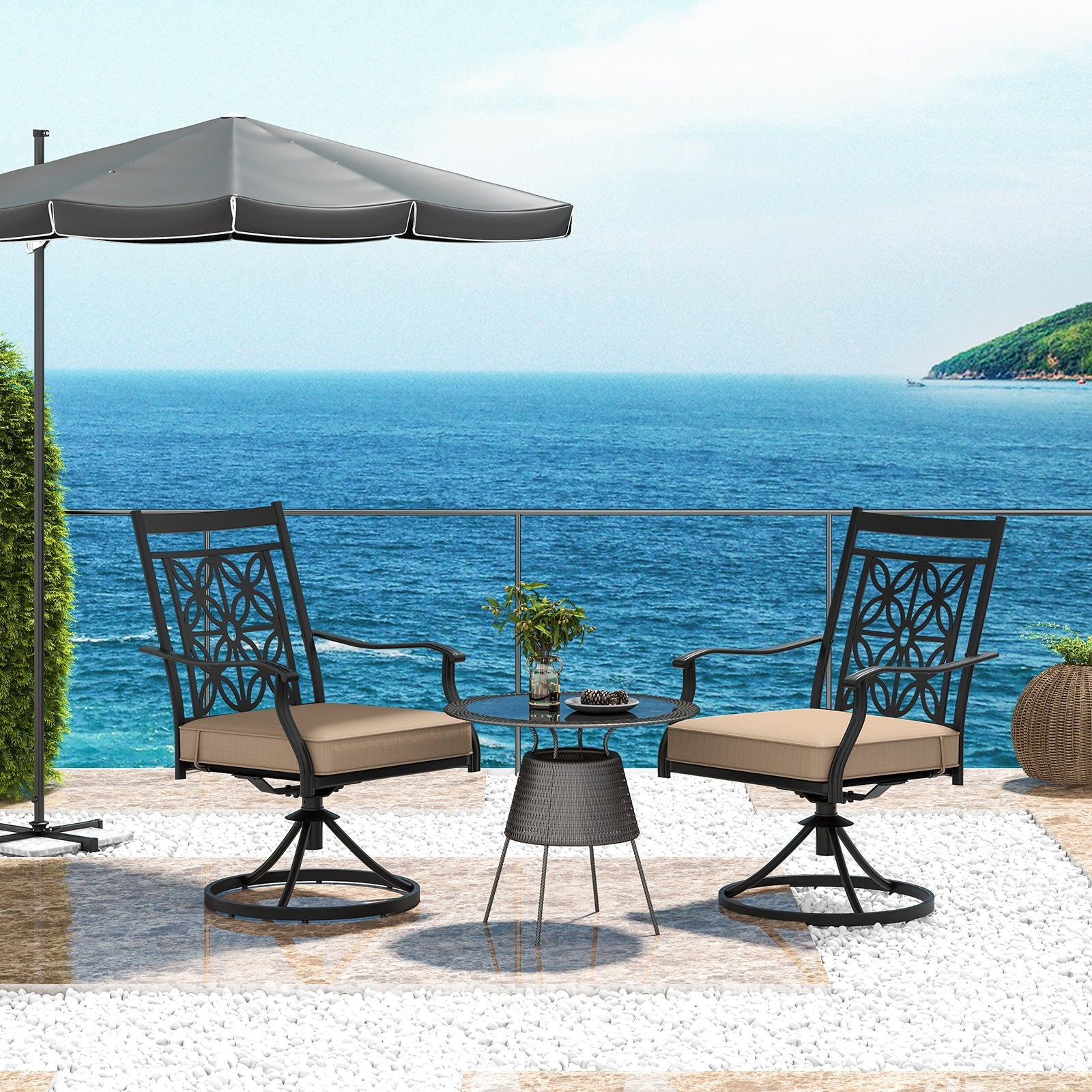 Patio Swivel Chairs with Blossom Pattern Backrest and Cushions- 2 Pieces Black