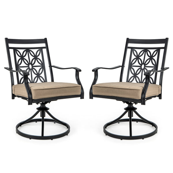 Patio Swivel Chairs with Blossom Pattern Backrest and Cushions- 2 Pieces Black