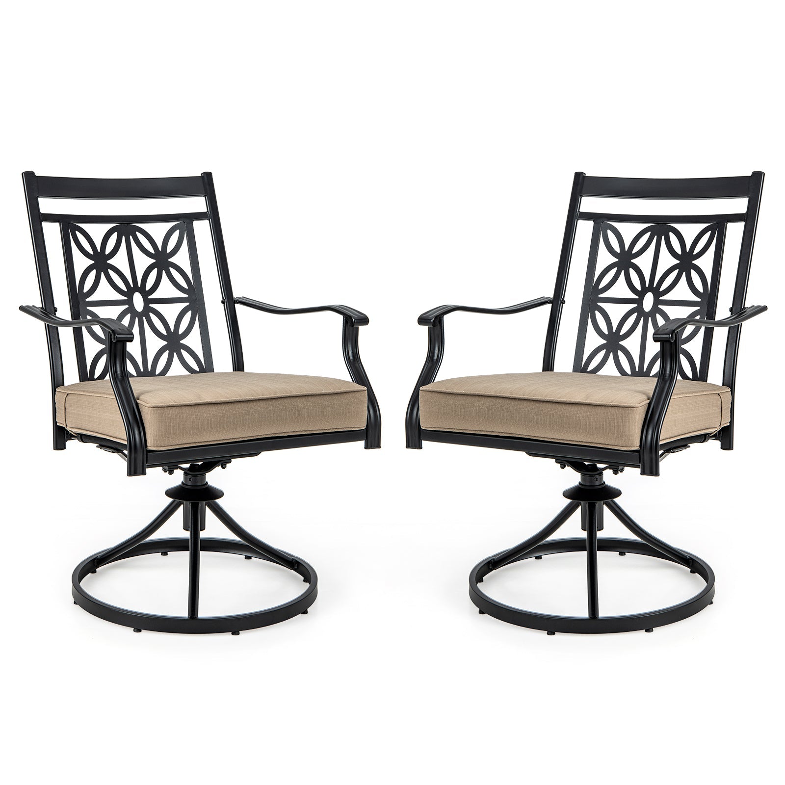 Patio Swivel Chairs with Blossom Pattern Backrest and Cushions- 2 Pieces Black