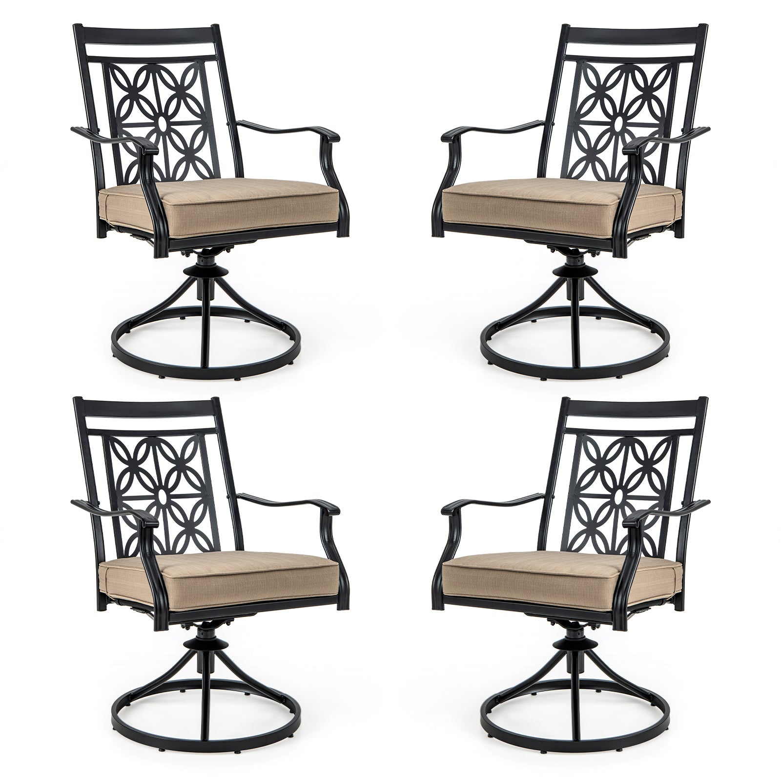 Patio Swivel Chairs with Blossom Pattern Backrest and Cushions- 2 Pieces Black