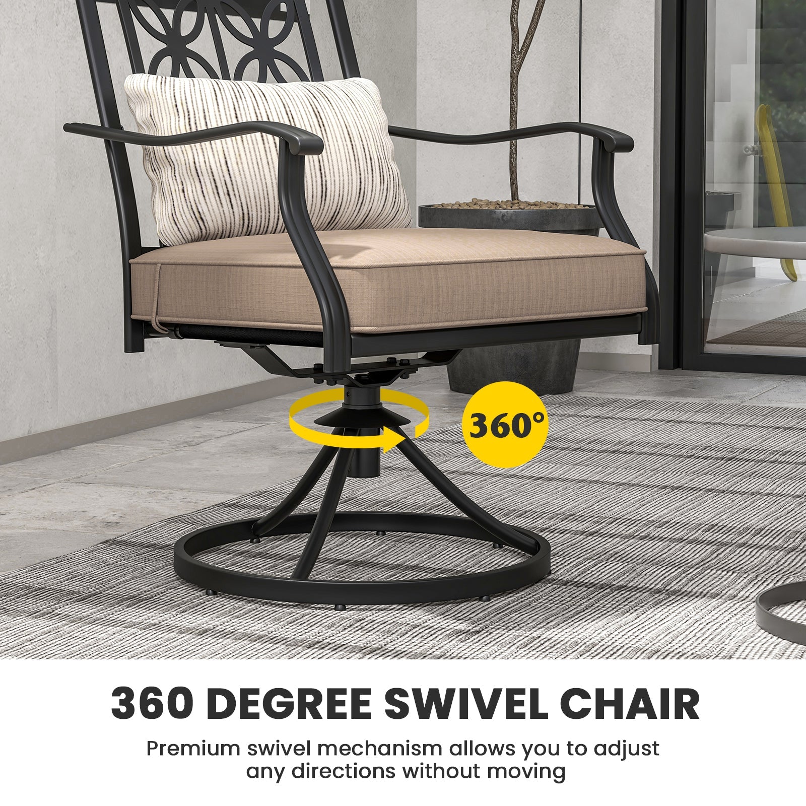 Patio Swivel Chairs with Blossom Pattern Backrest and Cushions- 2 Pieces Black