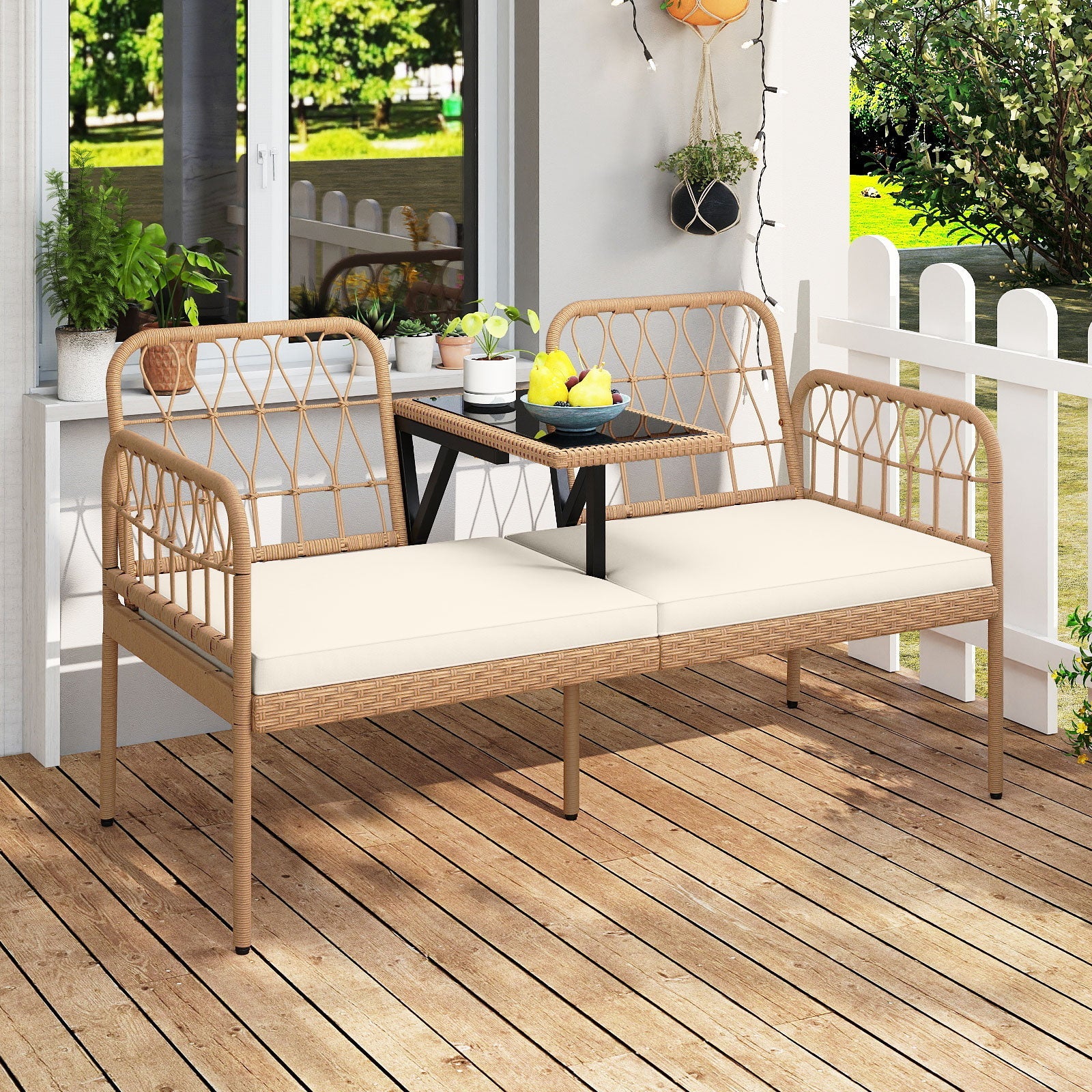 2-Seat PE Rattan Outdoor Loveseat with Built-in Coffee Table and Soft Cushions
