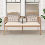 2-Seat PE Rattan Outdoor Loveseat with Built-in Coffee Table and Soft Cushions