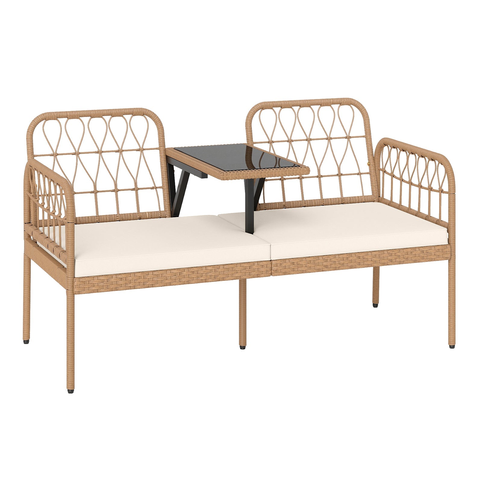 2-Seat PE Rattan Outdoor Loveseat with Built-in Coffee Table and Soft Cushions